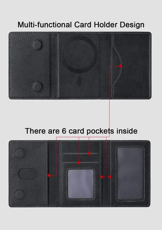 Black tri-fold wallet stand with multiple card pockets and inner card slots