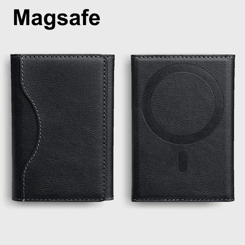 Black PU leather card holder with circular MagSafe logo, front and back view