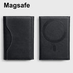 Black PU leather card holder with circular MagSafe logo, front and back view
