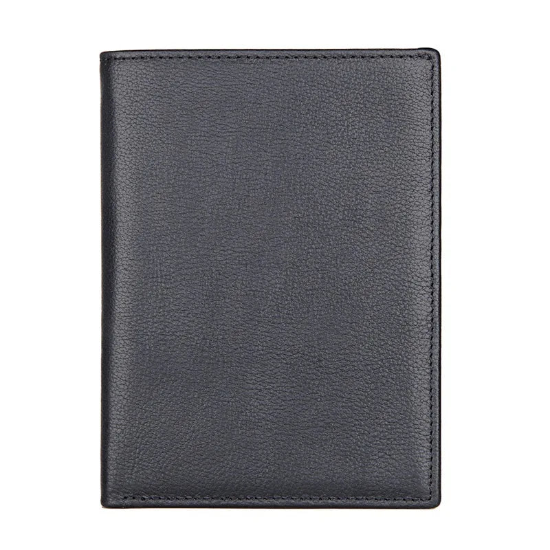 Compact travel document wallet, black exterior with visible top stitching