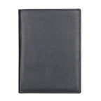 Compact travel document wallet, black exterior with visible top stitching