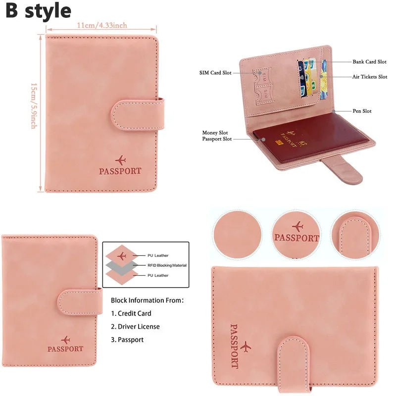Blush pink passport wallet with airplane emblem and side strap, front and opened view
