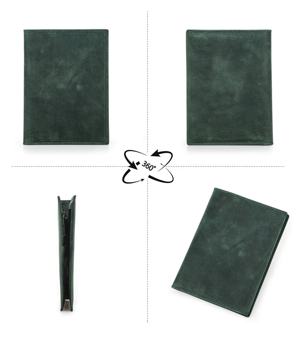 Forest green leather passport wallet, front/back views and slim side profile