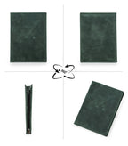Forest green leather passport wallet, front/back views and slim side profile