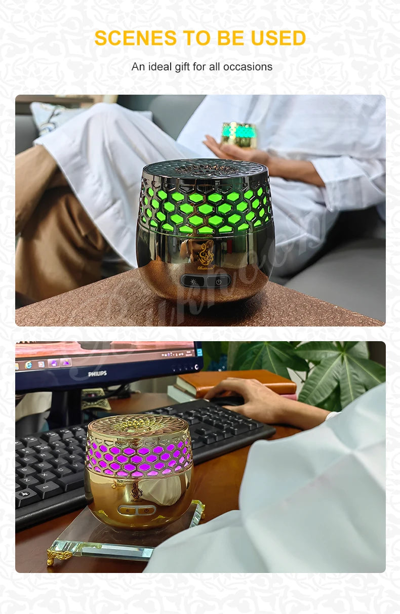 Seven-Light Electric Bakhoor Burner, gold body with green hex light, shown in indoor scene