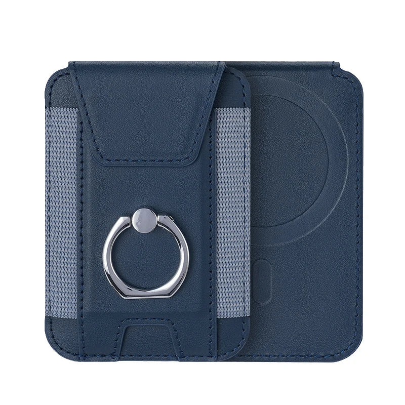 Blue magnetic card wallet with ring clasp and elastic card insert pockets