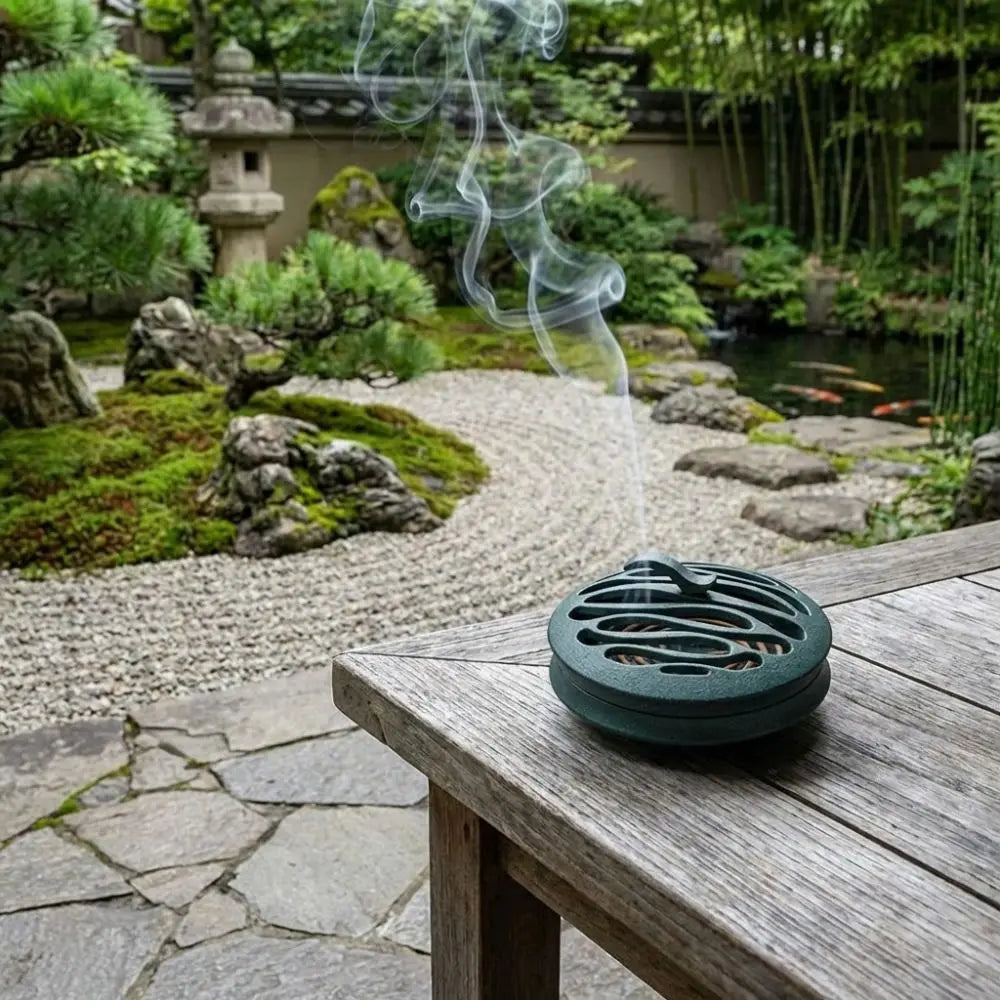Blue round hollow incense burner with smoke visible on outdoor table