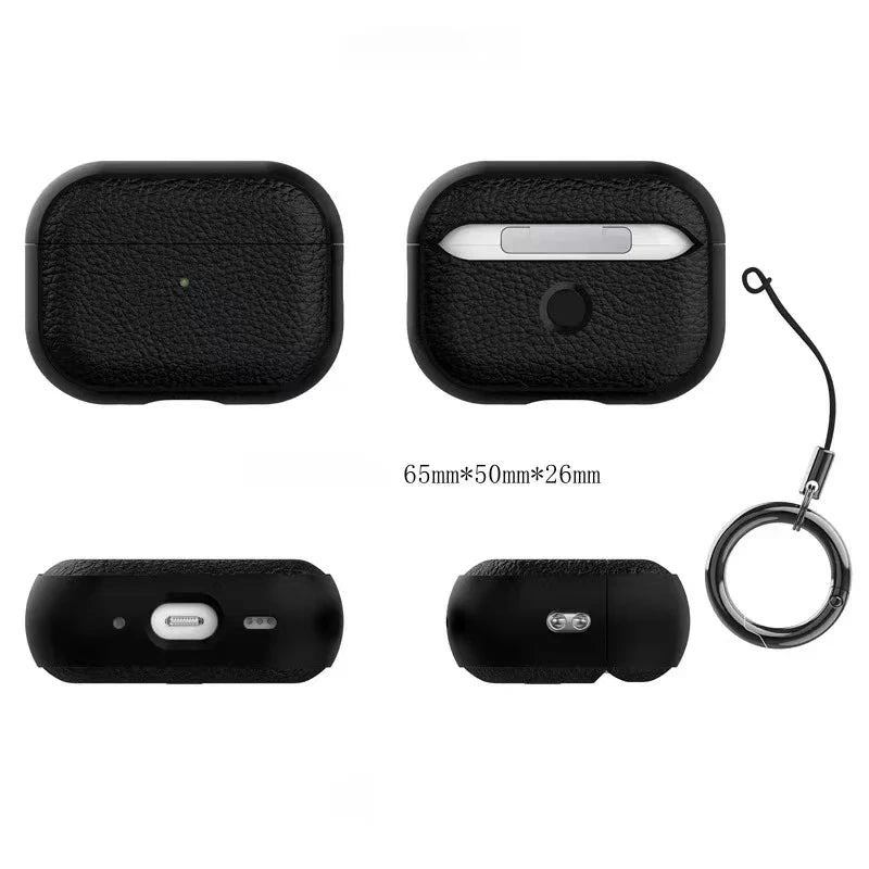 Black leather AirPods case with keyring, front and back views showing charging openings