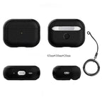 Black leather AirPods case with keyring, front and back views showing charging openings
