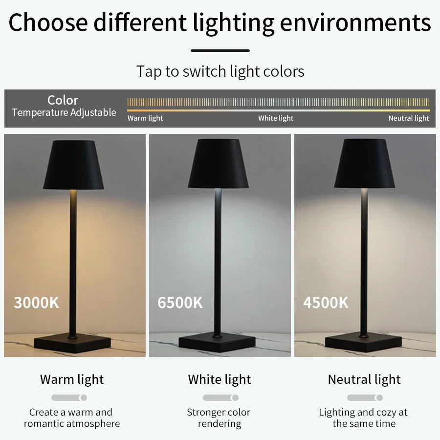 Black rechargeable desk lamp showing warm, white, and neutral light settings