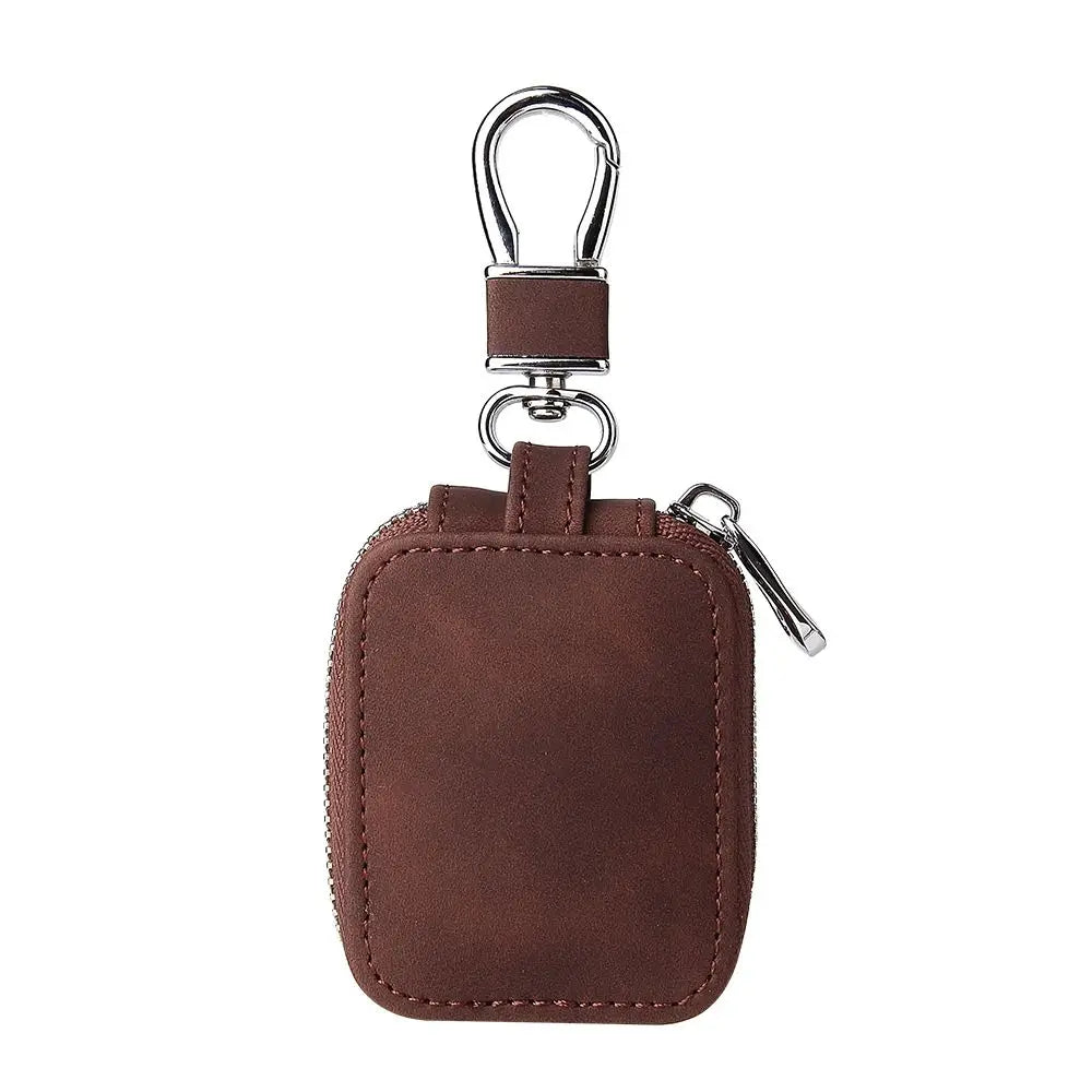 Universal leather earphone case in deep mocha brown with stitched edges and metal clip