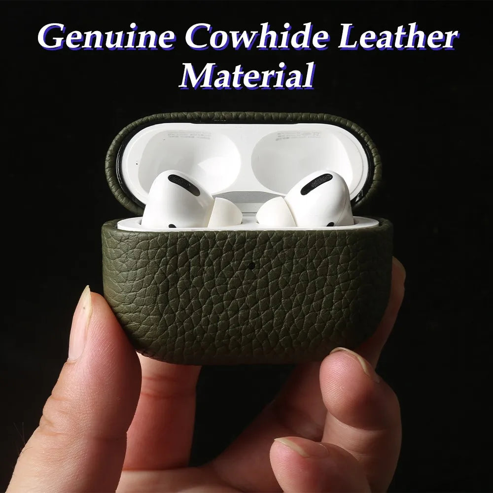 Dark green cowhide leather AirPods case closed; earbuds inside with top rim