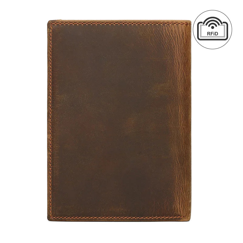 Cognac brown compact travel document wallet, smooth front panel with RFID label.
