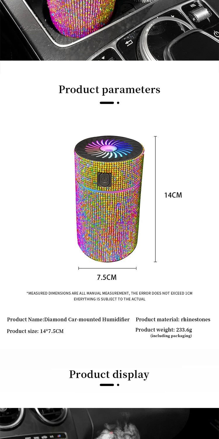 Rainbow rhinestone car aroma diffuser cylinder with glowing top, size shown