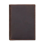Compact travel document wallet, dark brown leather front panel with stitched border