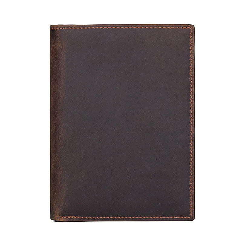 Compact travel document wallet, dark brown leather front panel with stitched border