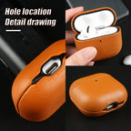 Tan eco-leather AirPods case with lid open, earbuds visible and charging slot