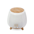 White striped aroma diffuser humidifier with wood lid and two gold side vents