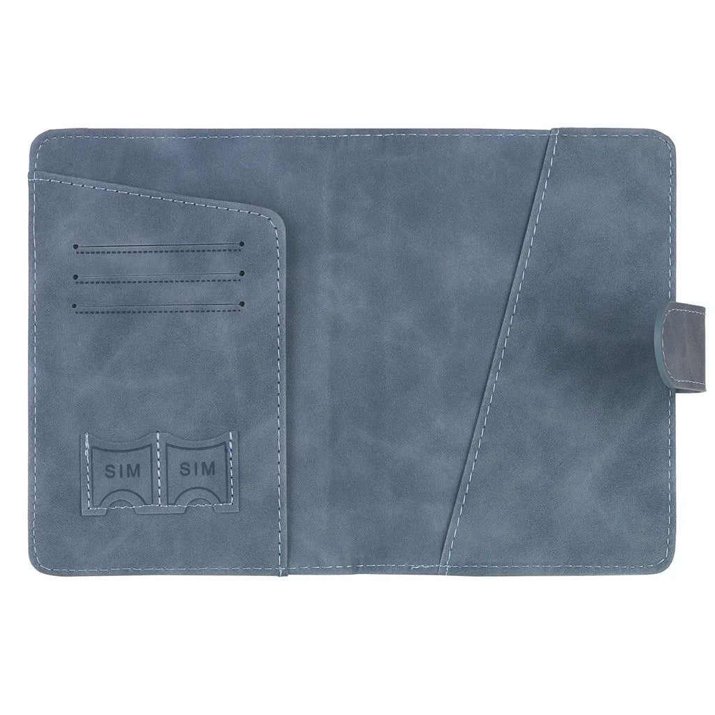 Slate blue passport wallet interior with SIM card slots and pocket panels