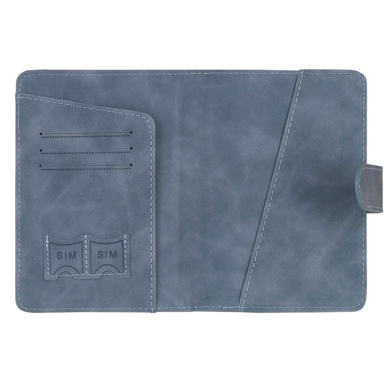 Slate blue passport wallet interior with SIM card slots and pocket panels