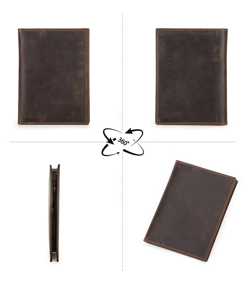 Coffee-brown leather passport wallet, front/back views and slim side profile