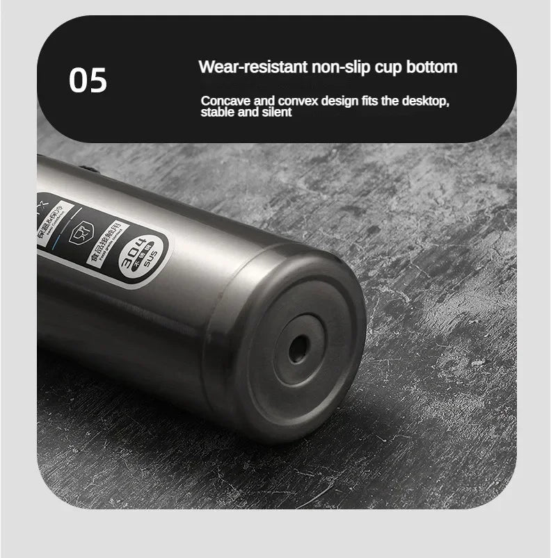 LED thermos flask with non-slip cup base; round bottom view