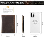 Brown leather passport wallet, front panel with stitched edges; includes dimension view