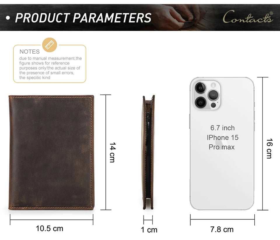 Brown leather passport wallet, front panel with stitched edges; includes dimension view