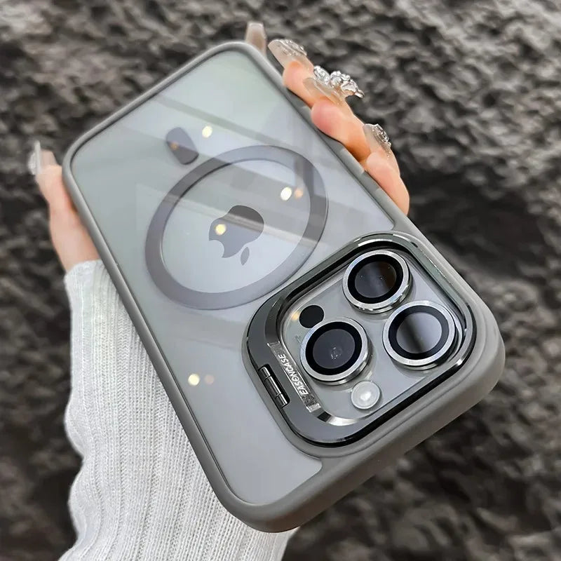 Gray magnetic lens phone case with clear back and metal-ring camera cutouts