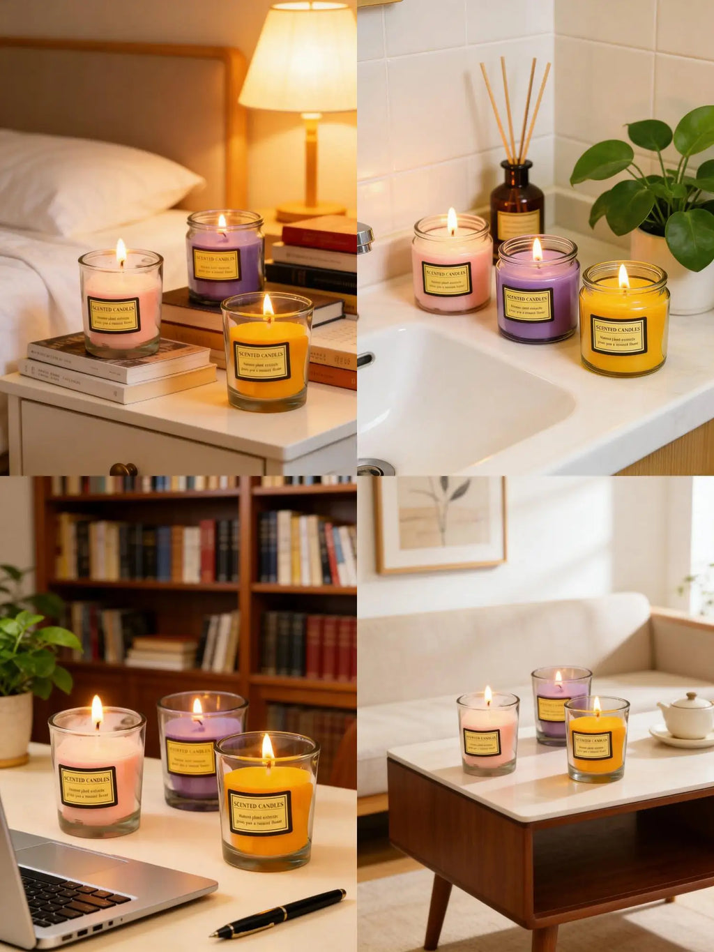 Glass aromatherapy candles with lit flames in clear jars, including purple and yellow wax