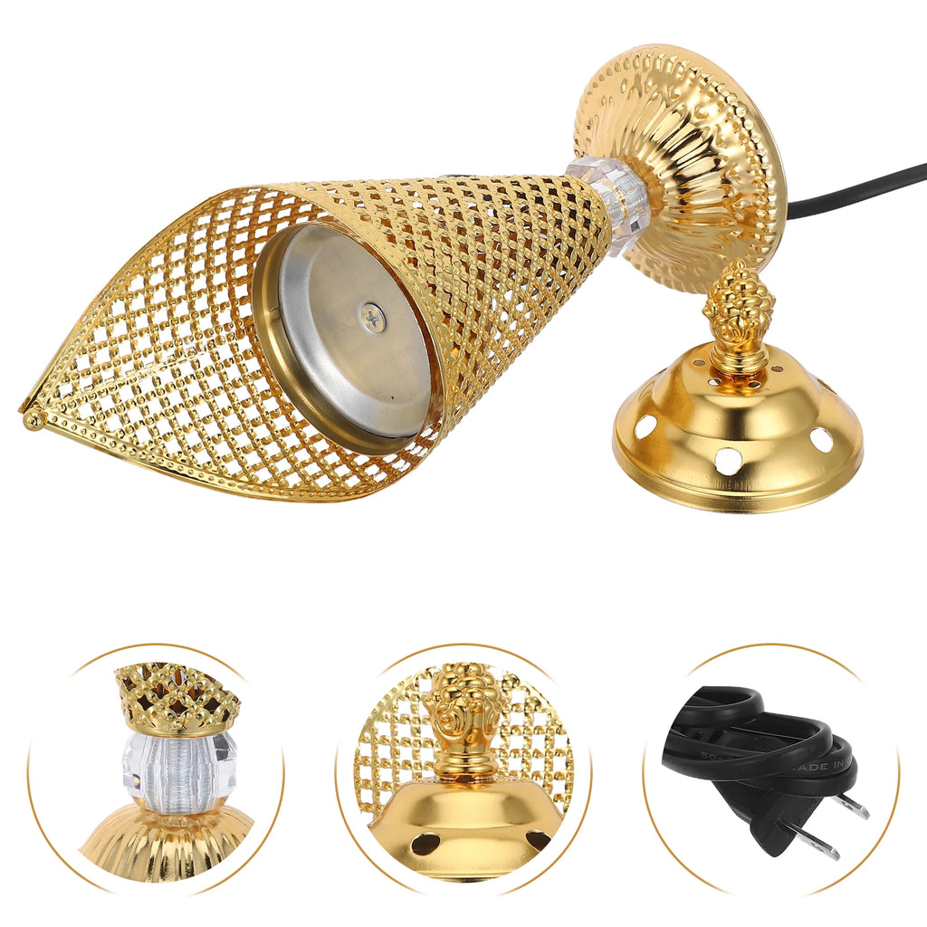 Gold electric mabkhara with perforated cone shade, metal cup top, and black cable