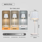 White style touch lamp with ripple shade and height/width measurements shown