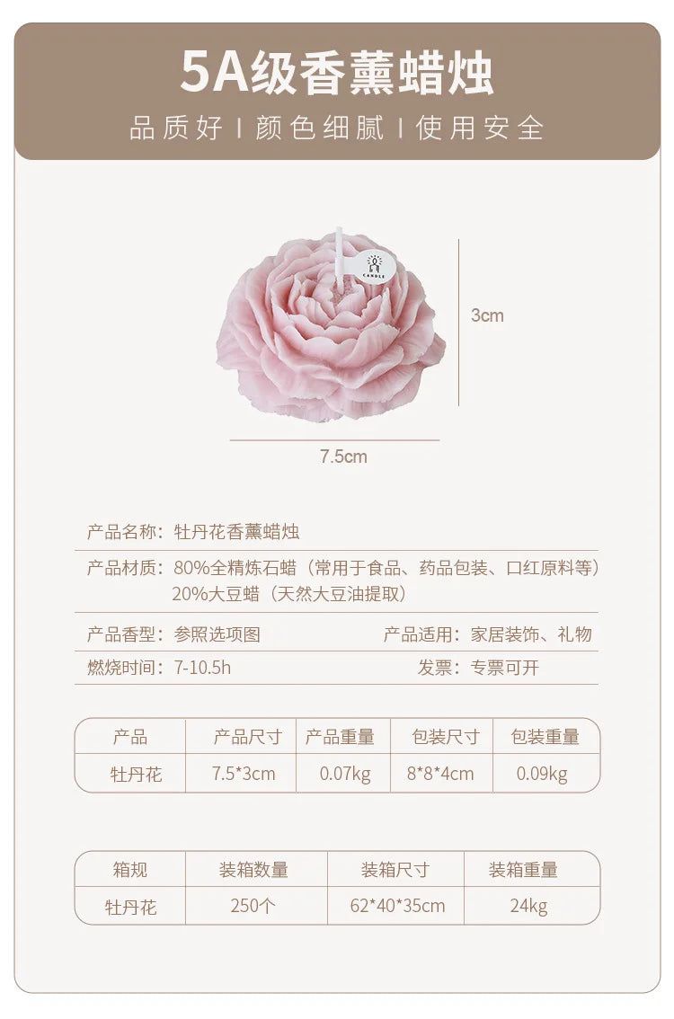 Pink peony sculptural candle size card with 7.5 cm and burn time markings