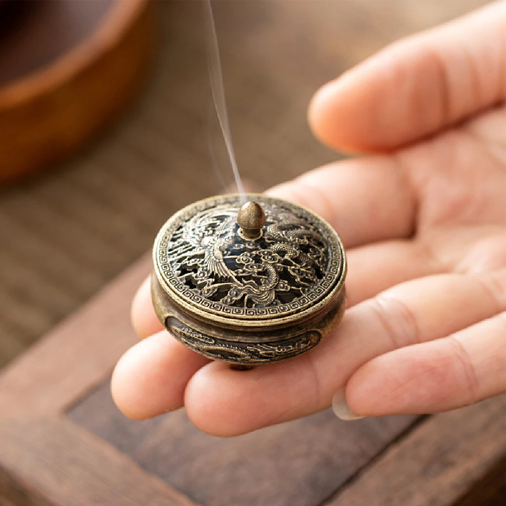 Brass pocket incense burner lid with ornate dragon engraving and round knob finial
