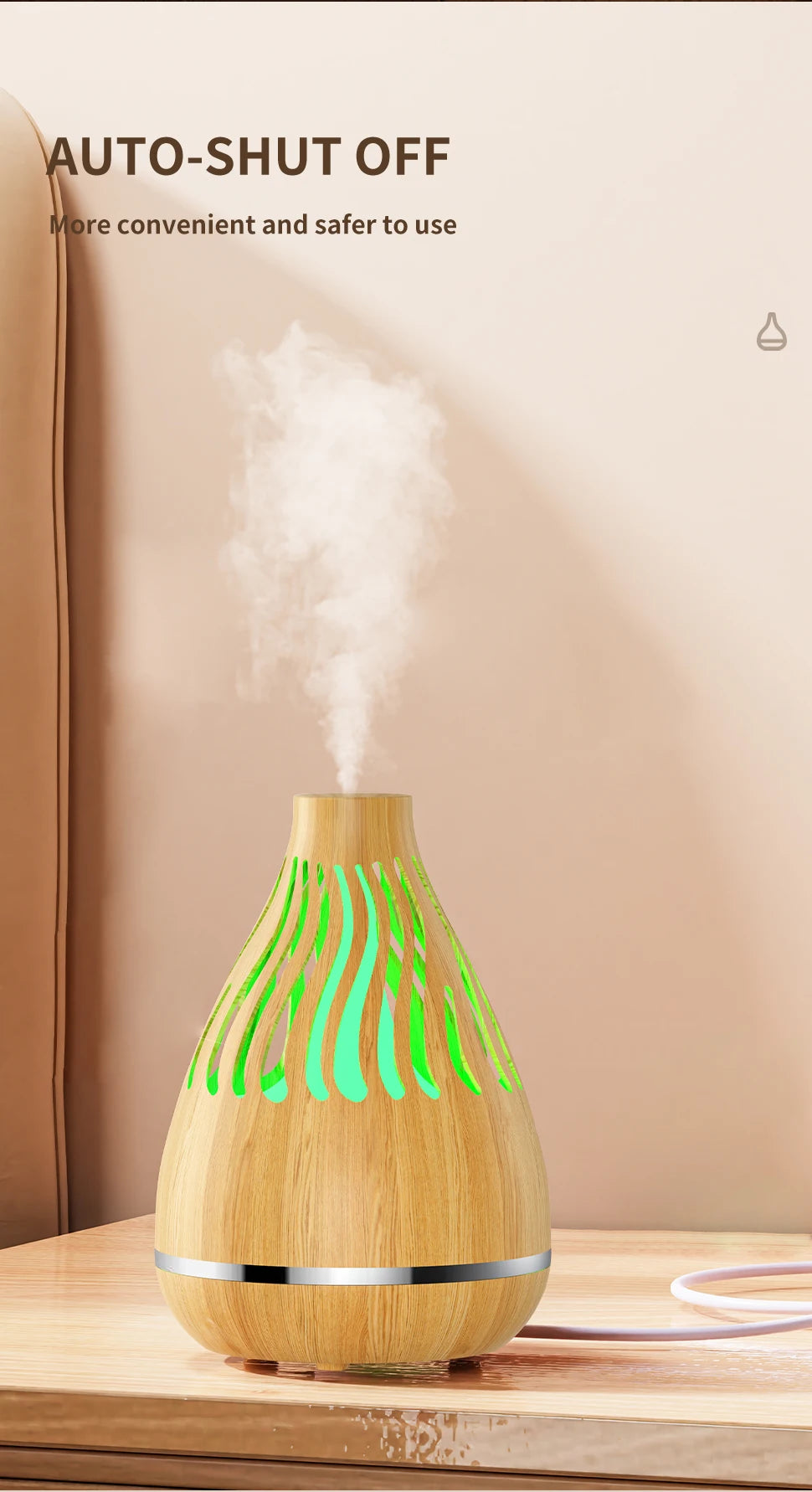 Wood-grain aroma diffuser humidifier with green LED vent lights and mist output.