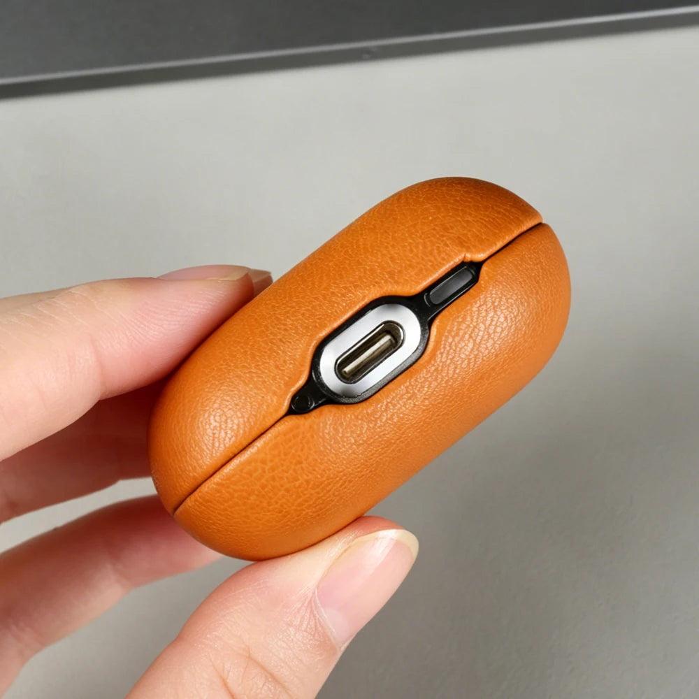 Light Brown eco leather AirPods case, side profile with charging port