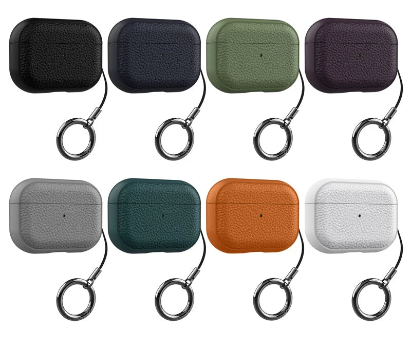 Leather AirPods keyring cases in assorted colors: black, navy, army green, orange, white