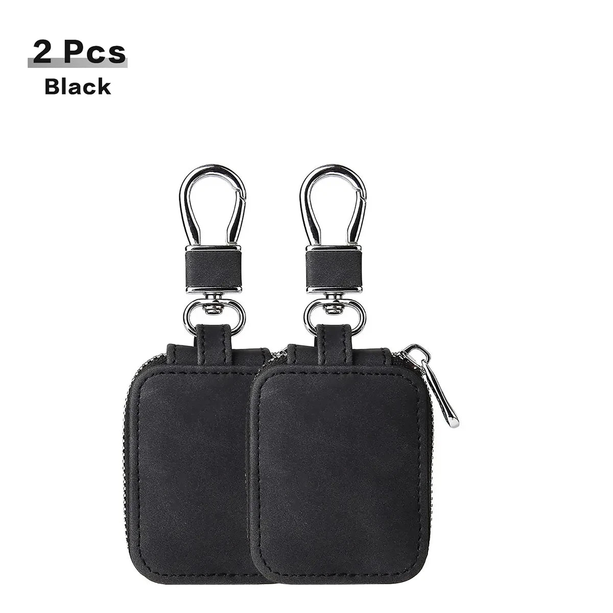 Leather AirPods travel case, black twin pack with two keyrings and zipper pull