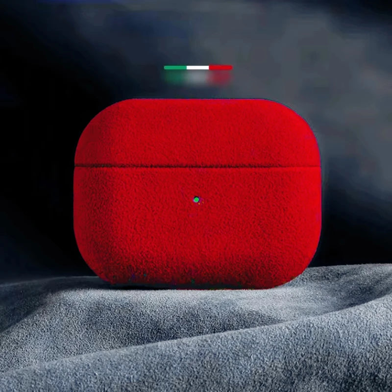 Italian suede AirPods case, ruby red finish with central button cutout
