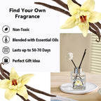 Reed diffuser bottle with black reeds and white flower garnish on a tray