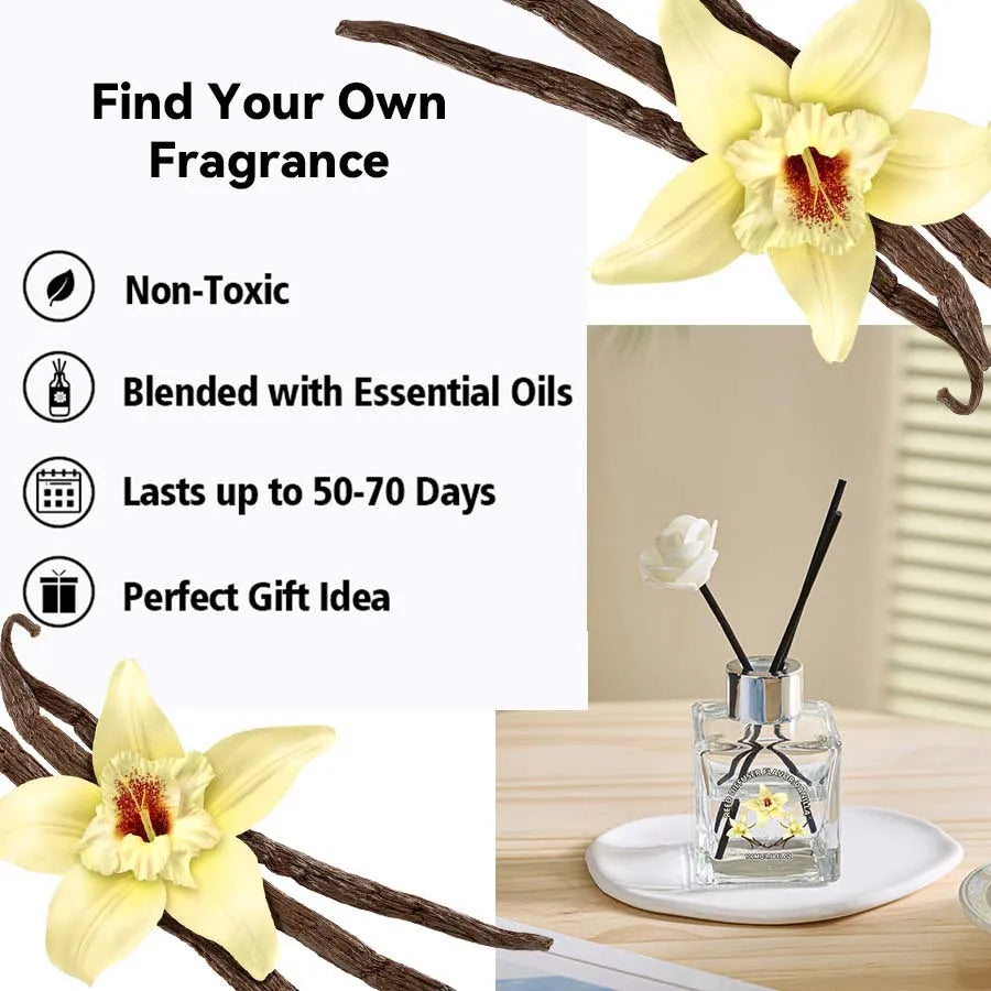 Reed diffuser bottle with black reeds and white flower garnish on a tray