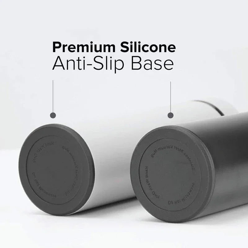 Dual-wall smart thermos with premium silicone anti-slip base, two-angle view