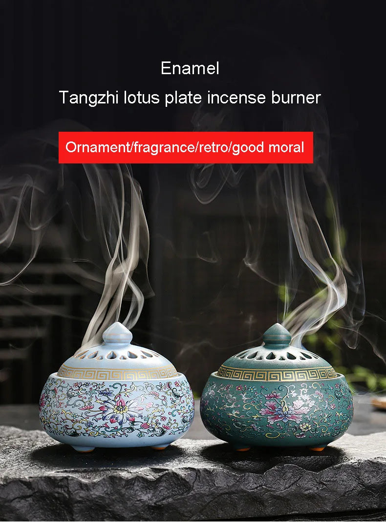 Enamel lotus incense burners in sky blue and retro brown, shown with swirling smoke
