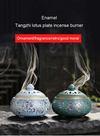 Enamel lotus incense burners in sky blue and retro brown, shown with swirling smoke