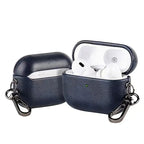 Metal keychain AirPods case in dark blue leather, AirPods charging case open