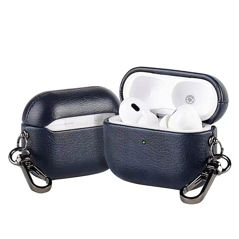 Metal keychain AirPods case in dark blue leather, AirPods charging case open