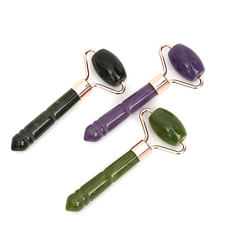 Jade roller massager with rose-gold frame: black, amethyst purple, and forest-sage green