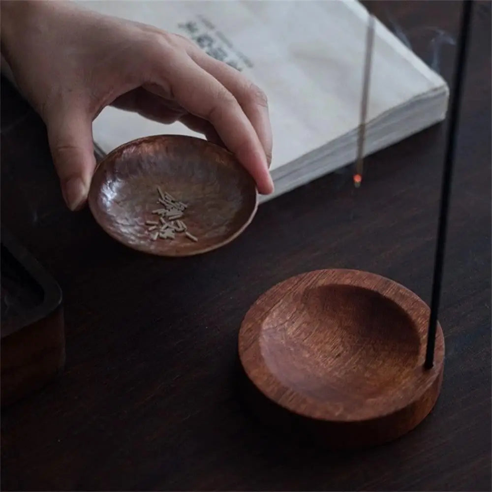Walnut-black incense holder base with round wooden top
