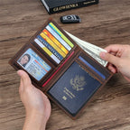 Compact travel document wallet, brown exterior with card slots and passport card holder