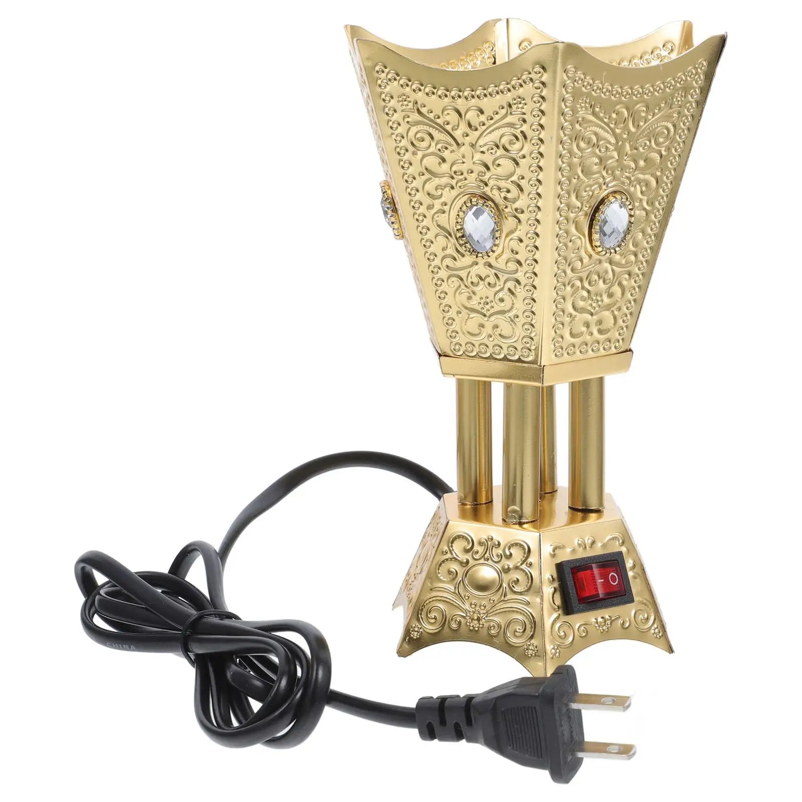Antique gold LED bakhoor censer with crystal-style inset and red rocker switch